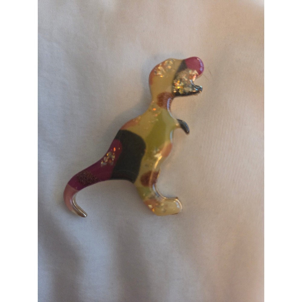 Colorful Glitter Dinosaur T-Rex Brooch Pin Silver Tone Enamel Style Accessory